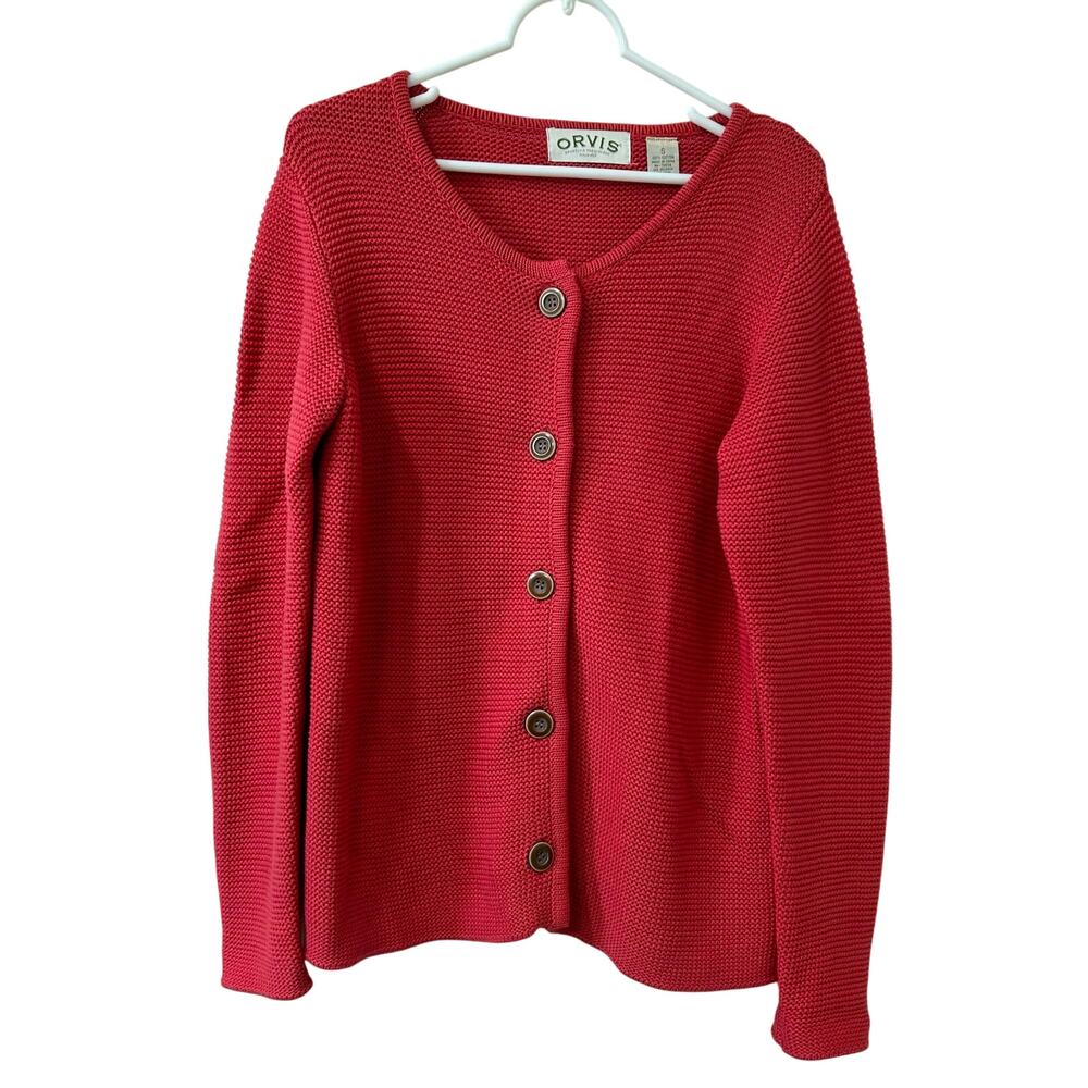 Orvis Womens Sz Small Coral Pink 100% Cotton Chunky Cardigan Sweater Cottage